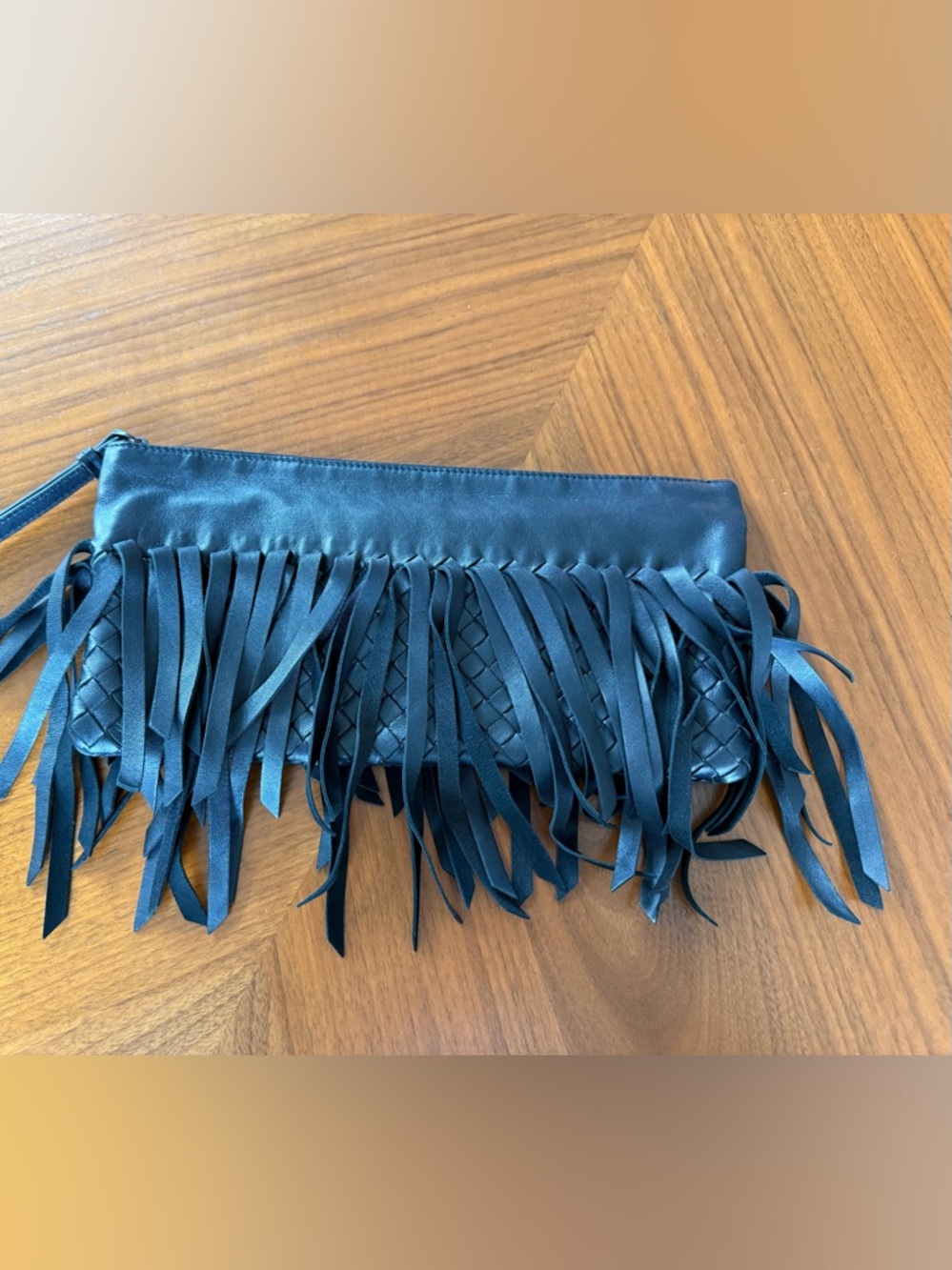 Bottega Veneta Black Intrecciato Leather Fringe Clutch
